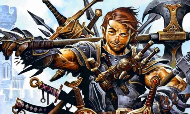 A warrior stands cockily carrying many weapons.
