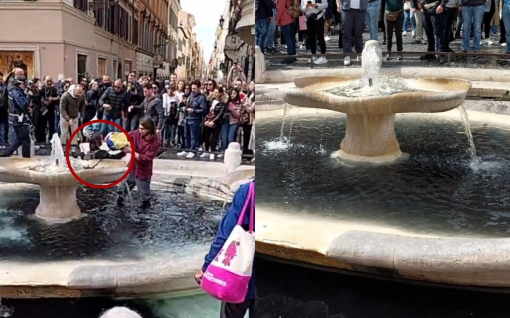 Video | Ambientalistas tiñen de negro la histórica fuente de la Barcaccia de Roma