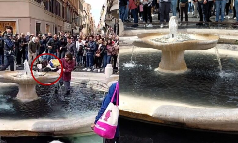 Video | Ambientalistas tiñen de negro la histórica fuente de la Barcaccia de Roma