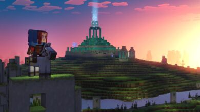 Minecraft Legends Player Overlooking Beacon on a hill