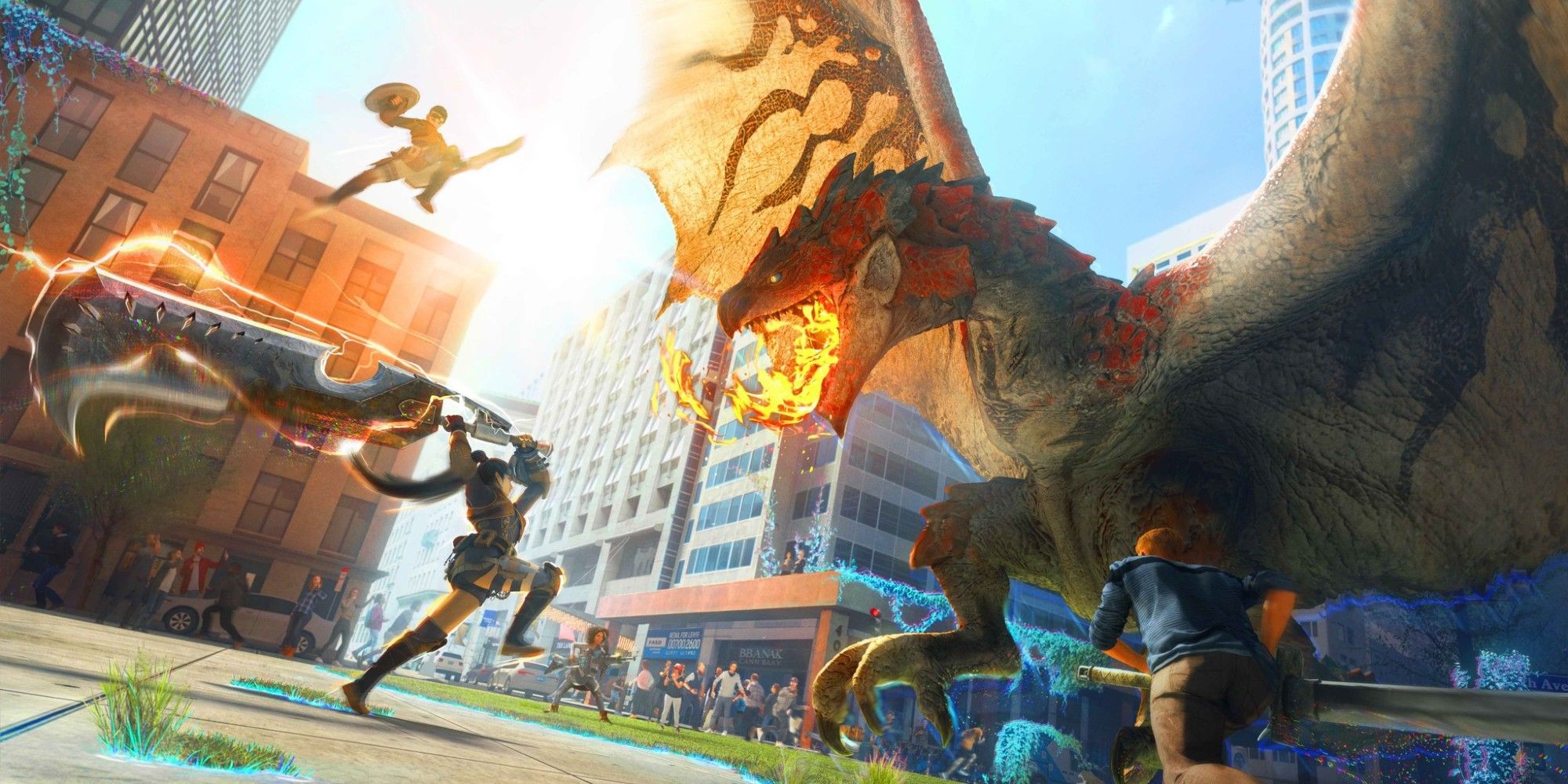 Monster Hunter Now Key Art showing three players fighting a dragon.