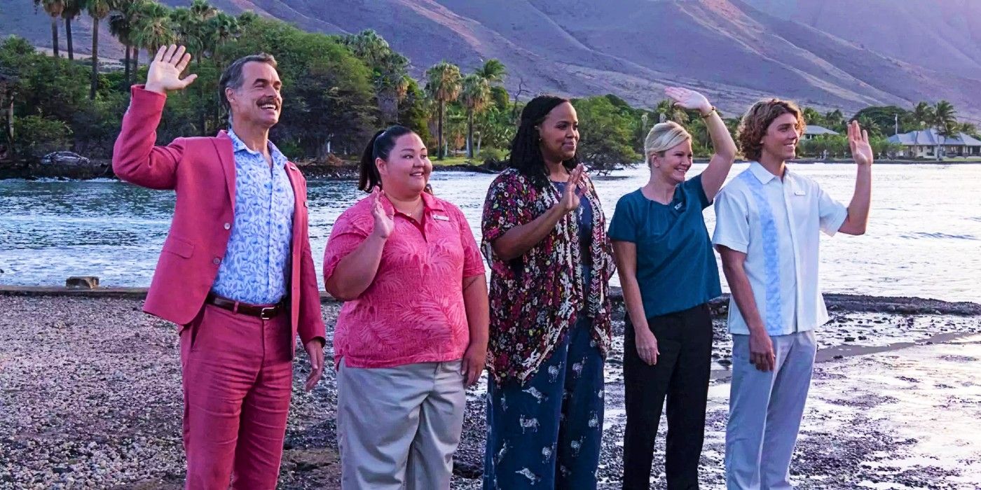 White Lotus season 1 cast waving on the beach