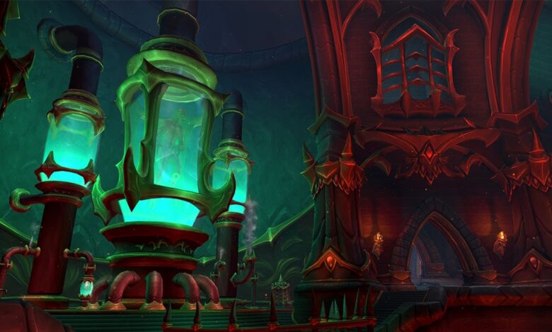 Embers of Neltharion Laboratory World of Warcraft- some scientific containers holding iridescent liquid to the left while a red creepy building is off to the right