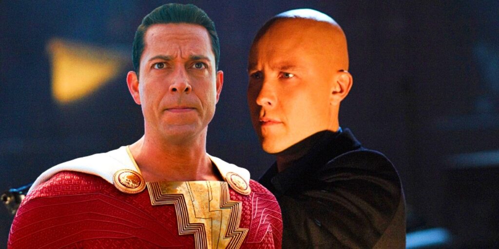 Composite of Zachary Levi as Shazam and Michael Rosenbaum as Lex Luthor on Smallville