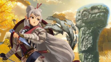 Images of Age of Calamity's Impa and a Zonai Statue against a background from The Legend of Zelda: Tears of the Kingdom.