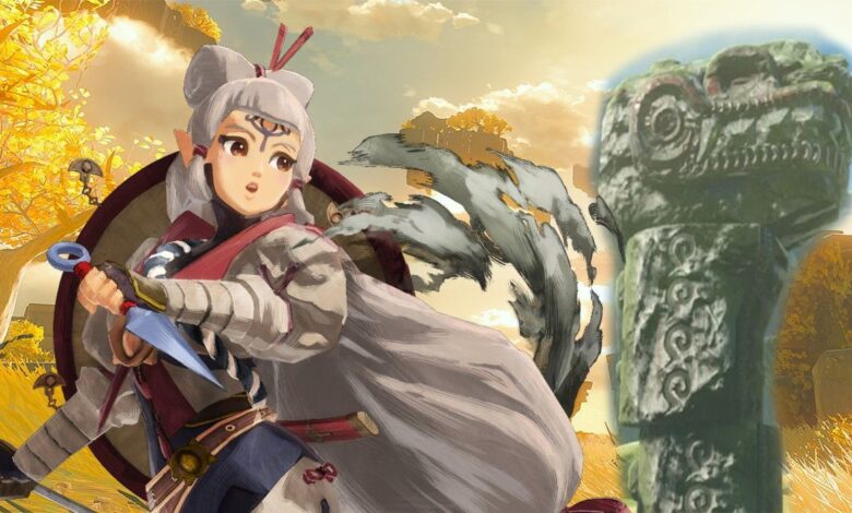 Images of Age of Calamity's Impa and a Zonai Statue against a background from The Legend of Zelda: Tears of the Kingdom.