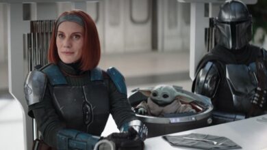 Bo-Katan Kryze, Grogu, and Din Djarin in The Mandalorian season 3, episode 6.