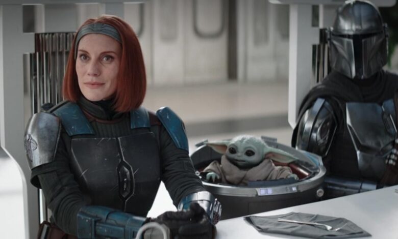 Bo-Katan Kryze, Grogu, and Din Djarin in The Mandalorian season 3, episode 6.