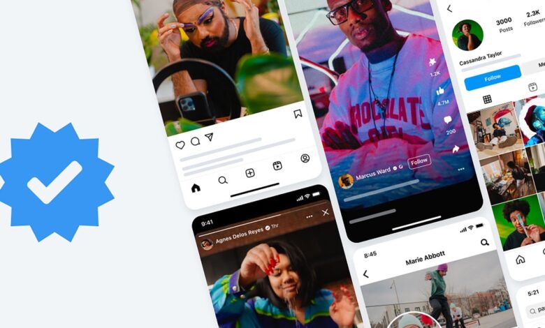 Meta Verified subscription icon next to Instagram and Facebook screenshots