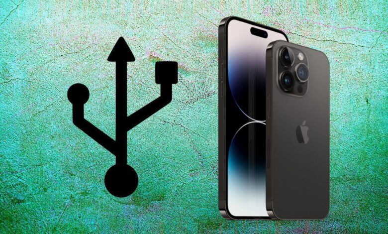 iPhone 14 Pro next to USB symbol on custom background