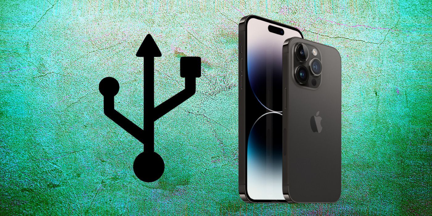 iPhone 14 Pro next to USB symbol on custom background