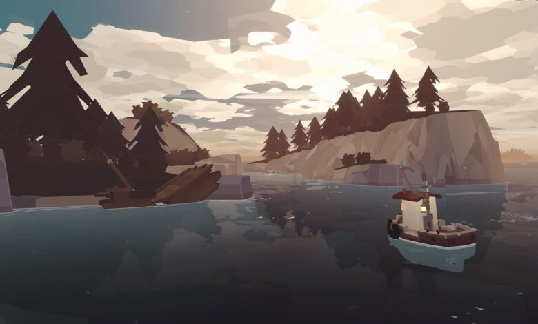 Image from the video game, Dredge, showing the fishing boat coming up to an island with a wrecked ship partially on the beach