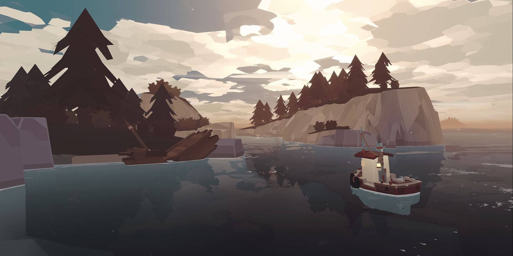 Image from the video game, Dredge, showing the fishing boat coming up to an island with a wrecked ship partially on the beach