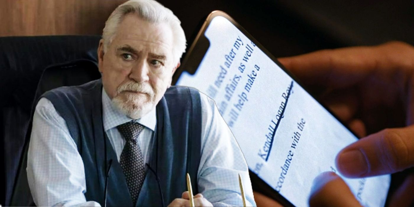 Blended image of a serious Logan and Kendall's name on a will in Succession