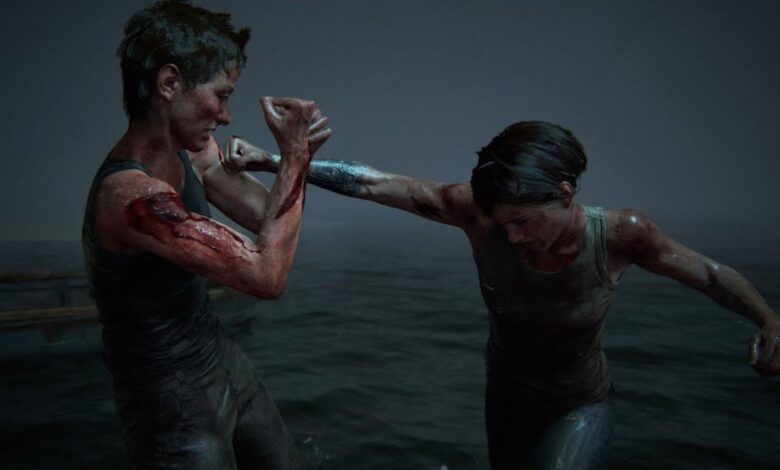 Ellie punching Abby in the shoulder against a stormy grey background during TLOU 2's ending.