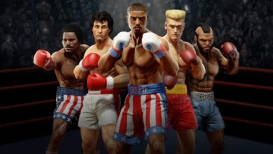 Apollo Creed, Rocky Balboa, Adonis Creed, Ivan Drago, and Clubber Lang stand in a boxing ring, squaring off towards the camera in Creed: Rise To Glory's promotional art.