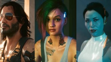 Close-up shots of Johnny Silverhand, Judy Alvarez, and Hanako Arasaka from Cyberpunk 2077.