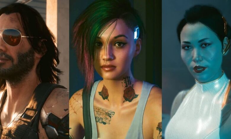 Close-up shots of Johnny Silverhand, Judy Alvarez, and Hanako Arasaka from Cyberpunk 2077.