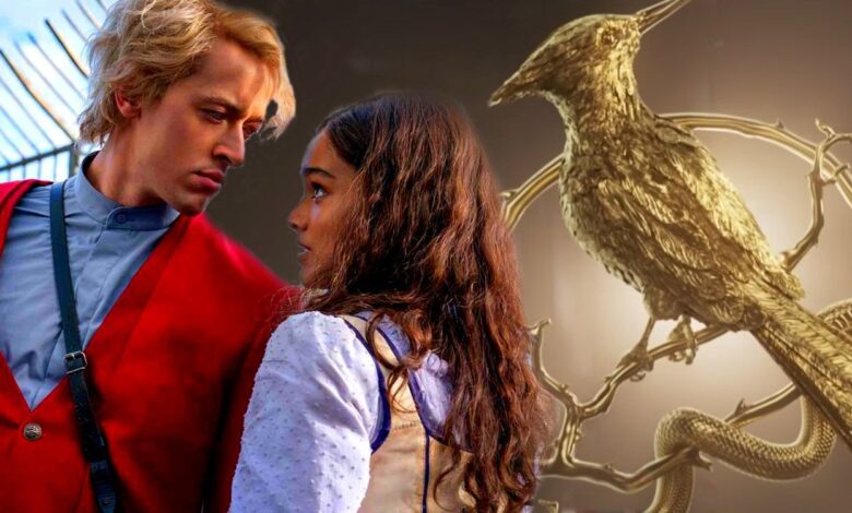An image of Coriolanus and Lucy Gray Baird looking at each other in Ballad of Songbirds and Snakes