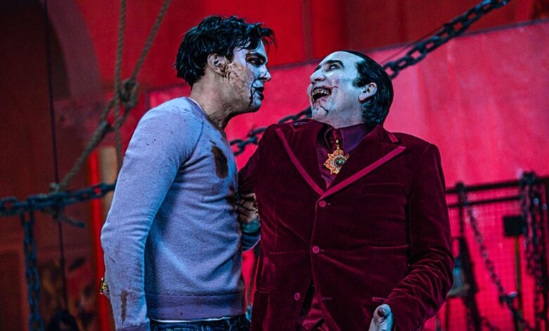 Nicholas Hoult as Renfield and Nicolas Cage as Dracula covered in blood in Universal's 2023 movie Renfield
