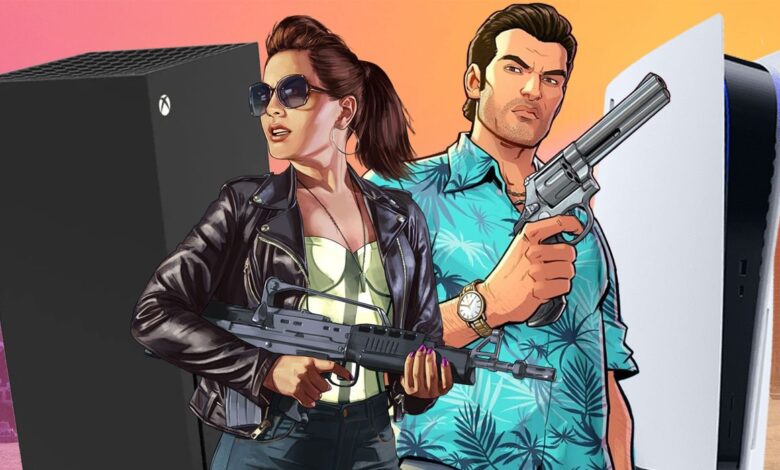 A man and a woman hold guns side by side, standing between an Xbox Series X and PlayStation 5, against a pink and orange tinted Vice City skyline.
