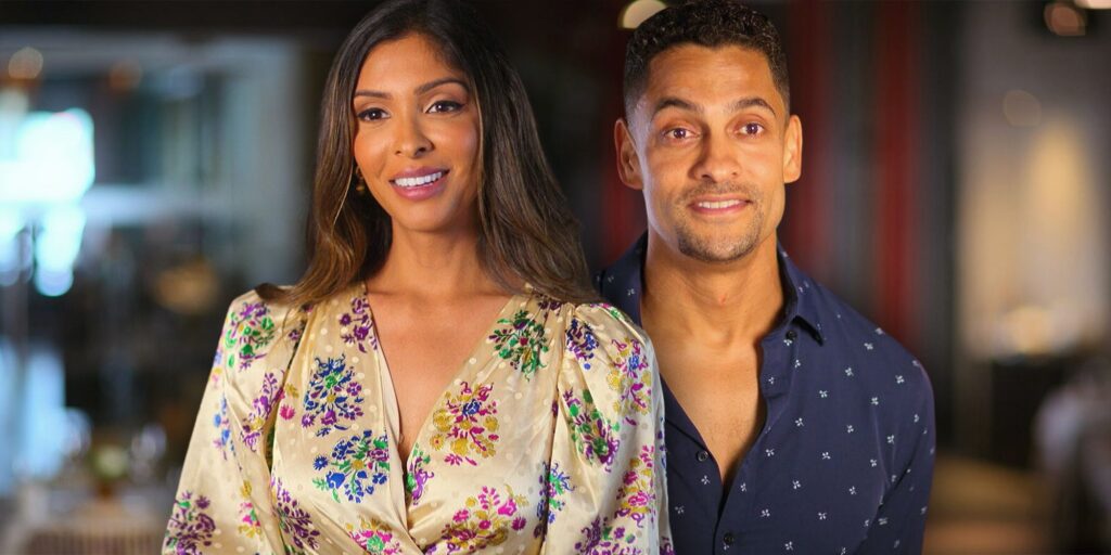 Shital Niraj Together In Indian Matchmaking Season 3 montage of both cast members in printed shirts smiling