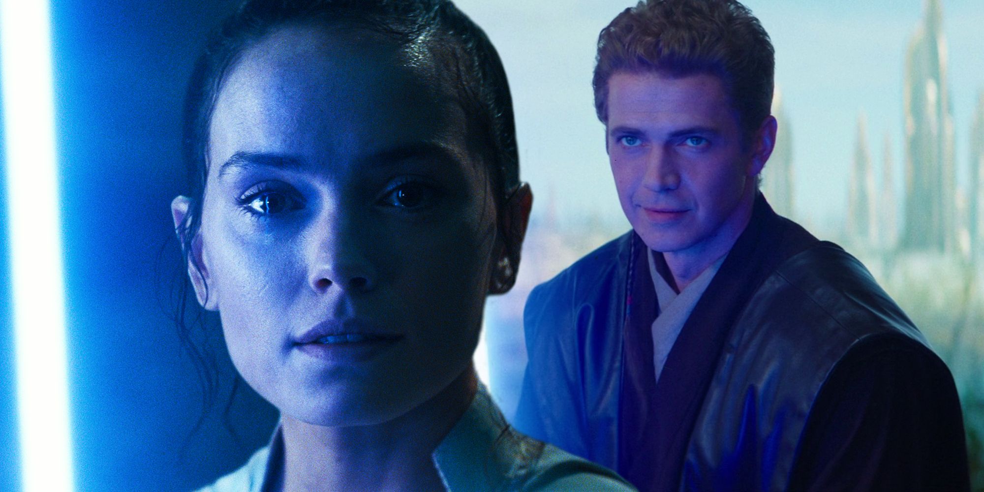 Rey holding a lightsaber and looking hopeful in Rise of Skywalker and Anakin smirking in Obi-Wan Kenobi
