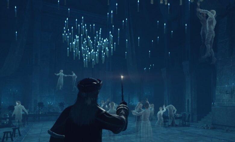 A player character standing and casting Lumos in Hogwarts Legacy's Deathday party room, a secret location most players never discover.