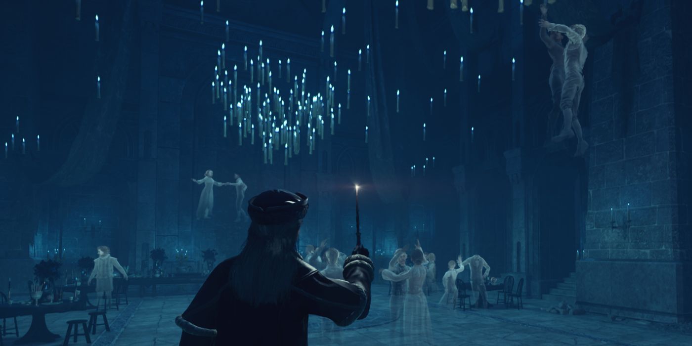 A player character standing and casting Lumos in Hogwarts Legacy's Deathday party room, a secret location most players never discover.