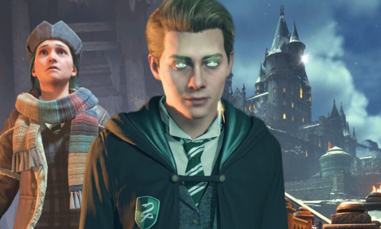 Hogwarts Legacy's Ominis Gaunt with green glowing eyes between a player character looking scared and a shot of Hogwarts at nighttime in the background.