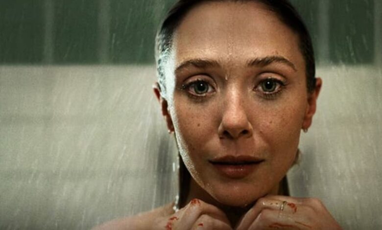 Elizabeth Olsen (Candy Montgomery) in the shower with blood on her hands in Love & Death
