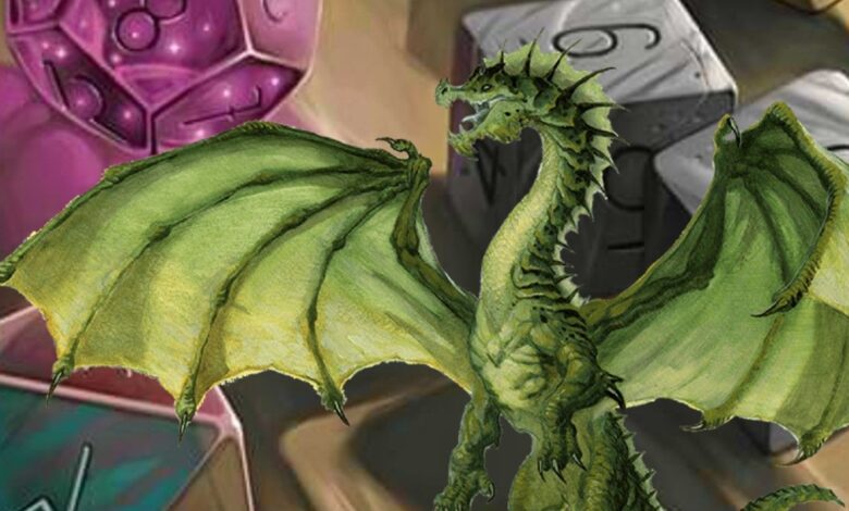 DnD Dice behind a green dragon.