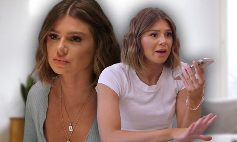 Side by side images of Vanderpump Rules' Raquel Leviss, holding phone