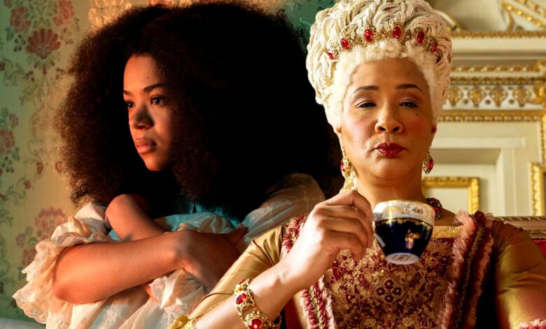 India Amarteifio as Queen Charlotte next to Bridgerton's Golda Rosheuvel