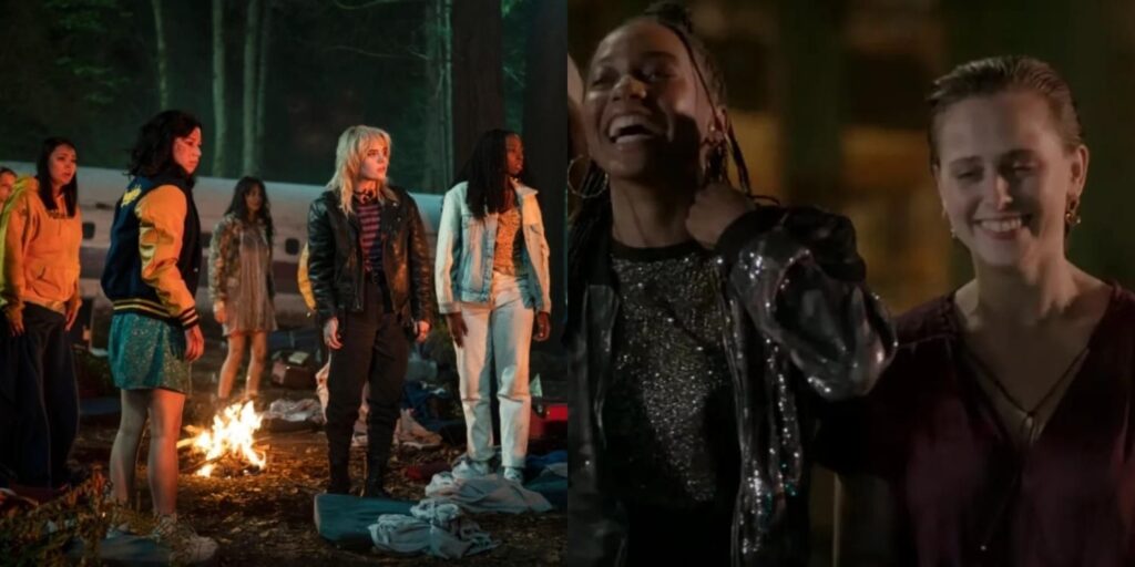 The wrecked team stands by a fire in Yellowjackets and Whitney and Kimberly laugh together in The Sex Lives of College Girls