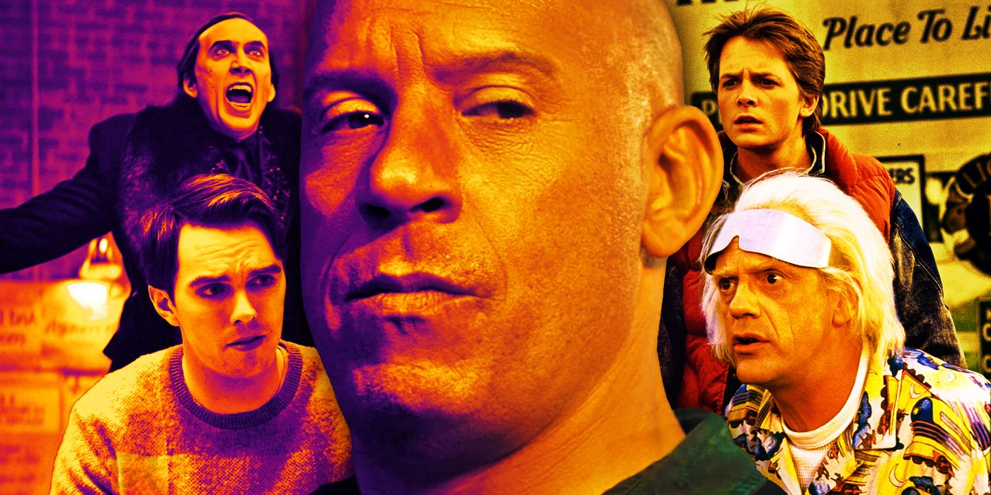 Nicolas Cage and Nicholas Hoult from Renfield, Vin Diesel from Fast & Furious, and Michael J. Fox and Christopher Lloyd in Back to the Future