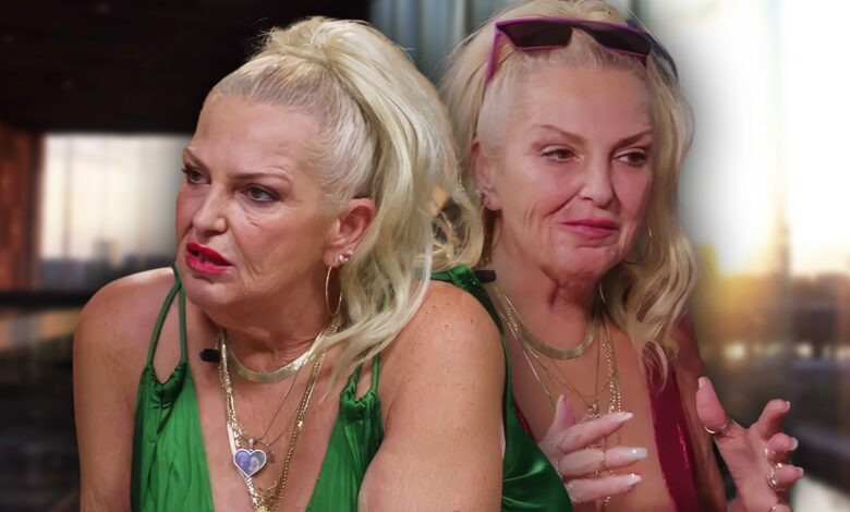 angela deem montage two intense expressions green and red dresses