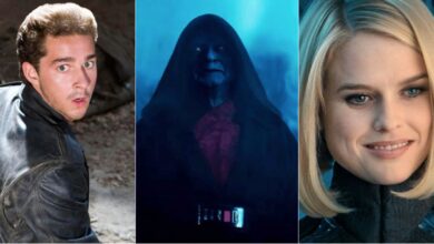 Split image of Mutt in Indiana Jones and the Kingdom of the Crystal Skull, Palpatine in Star Wars The Rise of Skywalker, and Alice Eve in Star Trek Into Darkness
