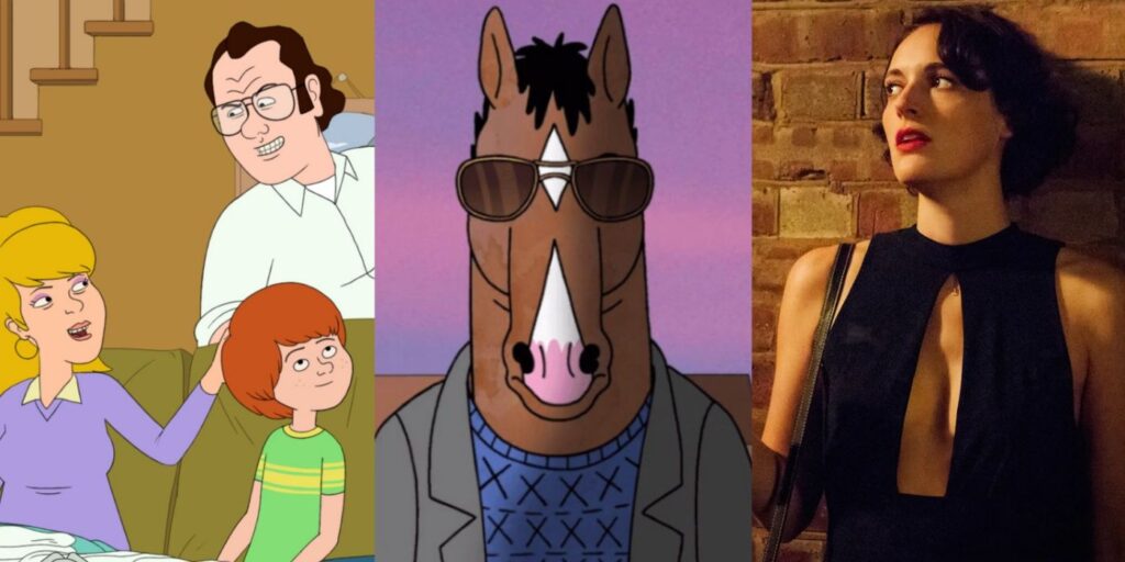 A split screen of F is for Family, BoJack Horseman, and Fleabag.