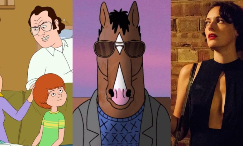A split screen of F is for Family, BoJack Horseman, and Fleabag.