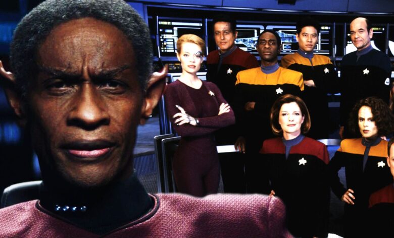 Tim Russ as Tuvok and the cast of Star Trek: Voyager