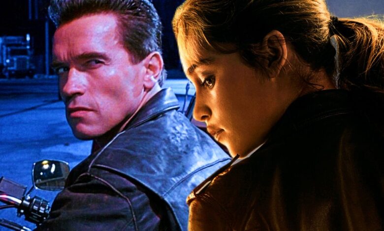 Arnold Schwarzenegger in Terminator 2 and Emilia Clarke in Terminator Genisys