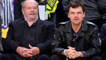 Jack Nicholson and Ray Nicholson attend a playoff basketball game between the Los Angeles Lakers and the Golden State Warriors.