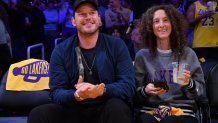 Chris Pratt attends a playoff basketball game between the Los Angeles Lakers and the Golden State Warriors.