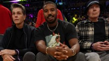 Actor Michael B. Jordan sits court side.