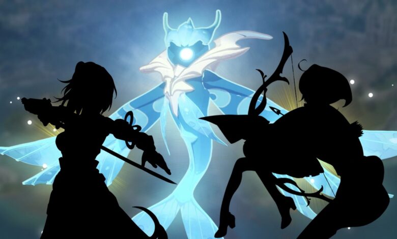 A Genshin Impact Oceanid in the middle with a light blue backlight. To each of its sides is the sillhouette of a Honkai Impact 3rd character to represent upcoming Genshin Impact 4.0 characters.