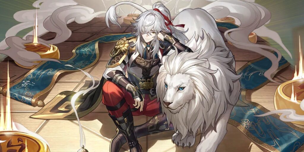 Honkai Star Rail's Jing Yuan character sits on the ground while supporting his left arm on his white lion and resting his head on his left hand. A lot of smoke surrounds them.