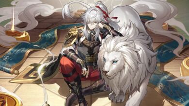 Honkai Star Rail's Jing Yuan character sits on the ground while supporting his left arm on his white lion and resting his head on his left hand. A lot of smoke surrounds them.