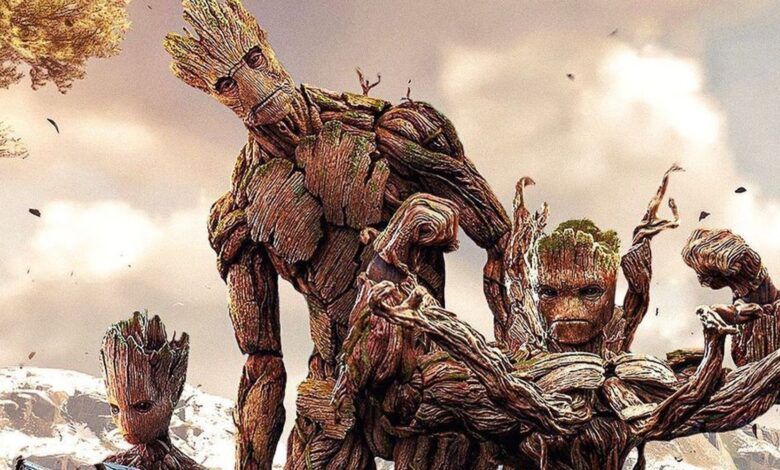 Fan art of Adult Groot, Teen Groot, and Swoll Groot together.