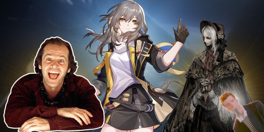 A collage featuring Honkai Star Rail's female Trailblazer posing in the middle, with The Shining's Jack Torrance laughing to the left, and Bloodborne's Doll standing idly to the right. In the bottom right corner of the picture is a cutout of Rick Astley singing in the Never Gonna Give You Up music video.